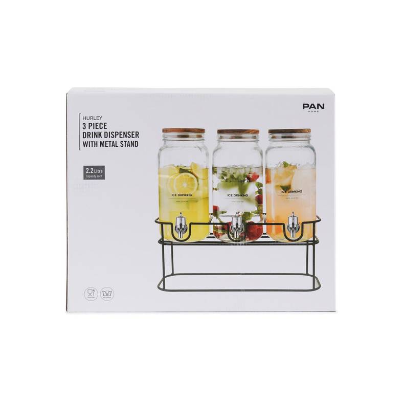 hurley 3-piece drink dispenser with metal stand 2.2l - clear