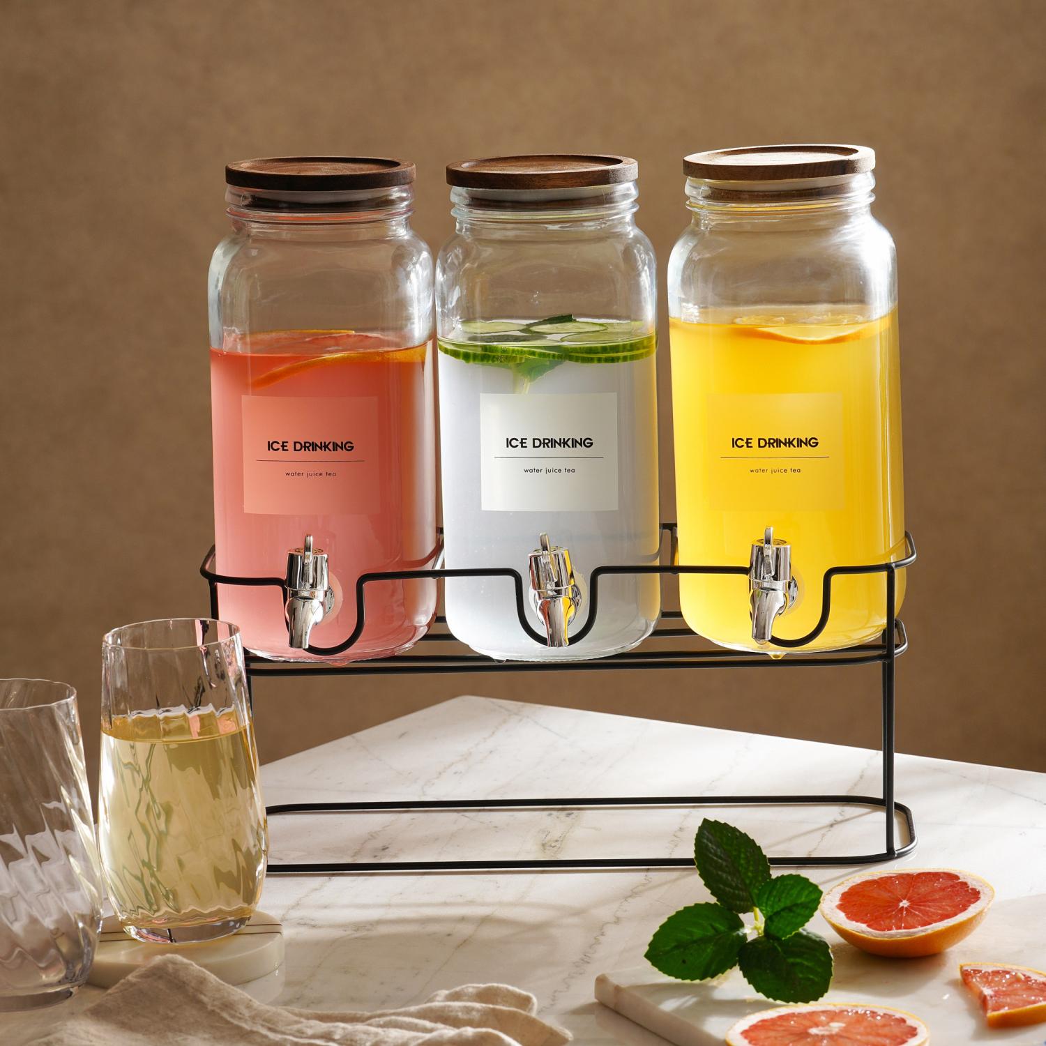hurley 3-piece drink dispenser with metal stand 2.2l - clear