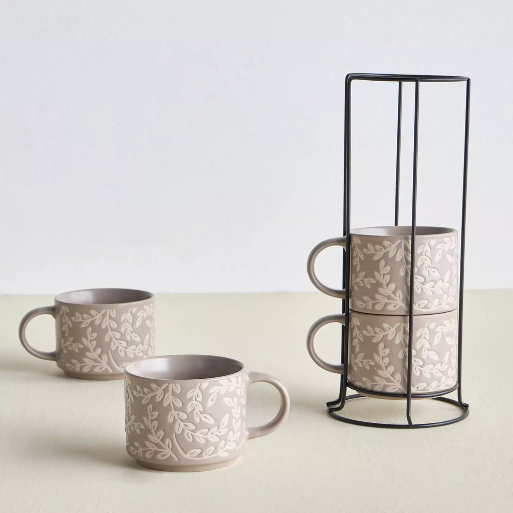 Tessa 4-Piece Ceramic Mug Set with Stand - 320 ml