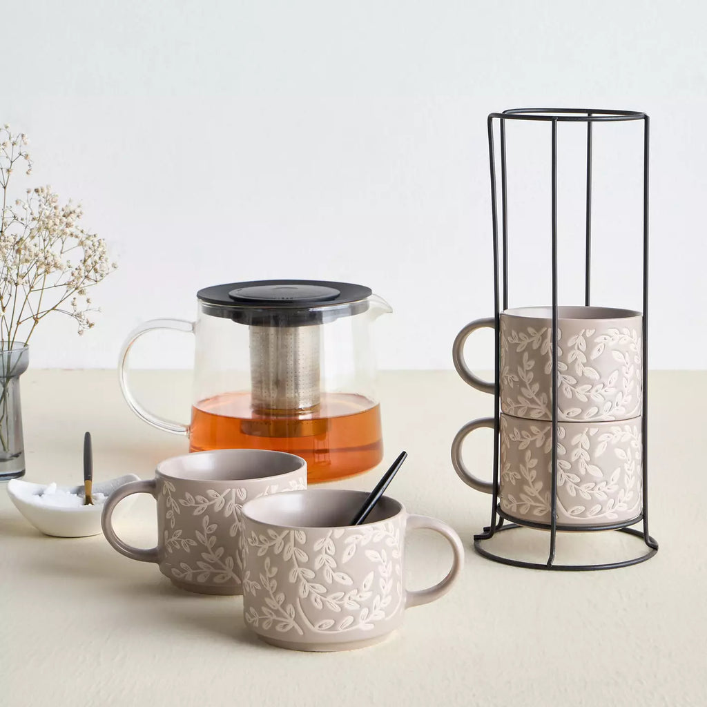 Tessa 4-Piece Ceramic Mug Set with Stand - 320 ml