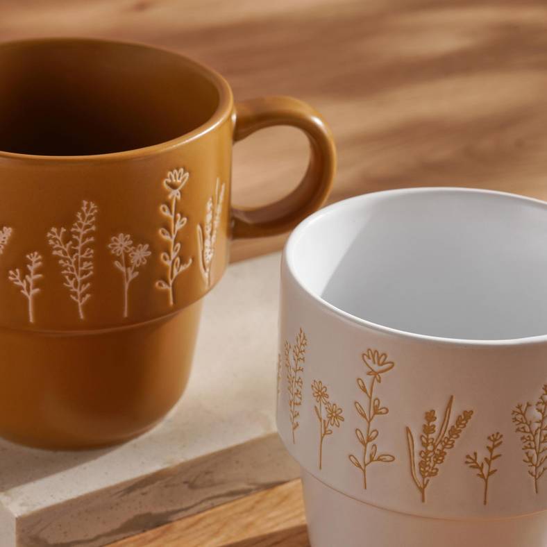 foliage 4-piece mug set 400ml -yellow ochre & white