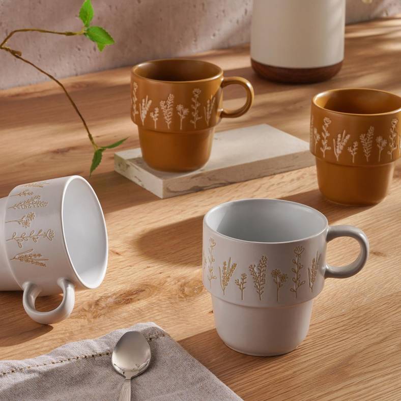 foliage 4-piece mug set 400ml -yellow ochre & white