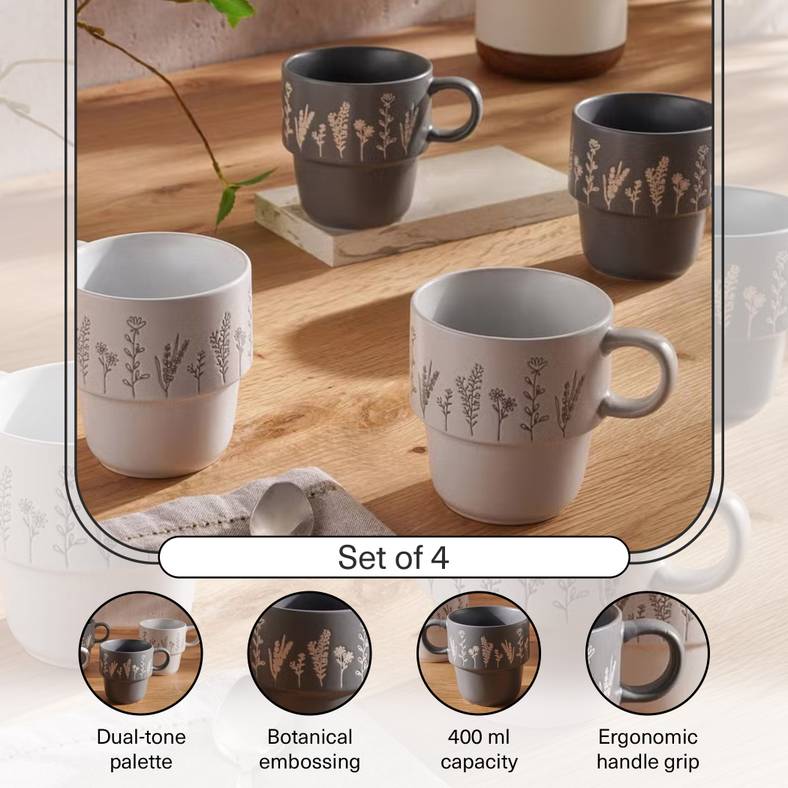 foliage 4-piece mug set 400ml - grey & white