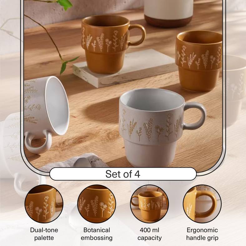 foliage 4-piece mug set 400ml -yellow ochre & white