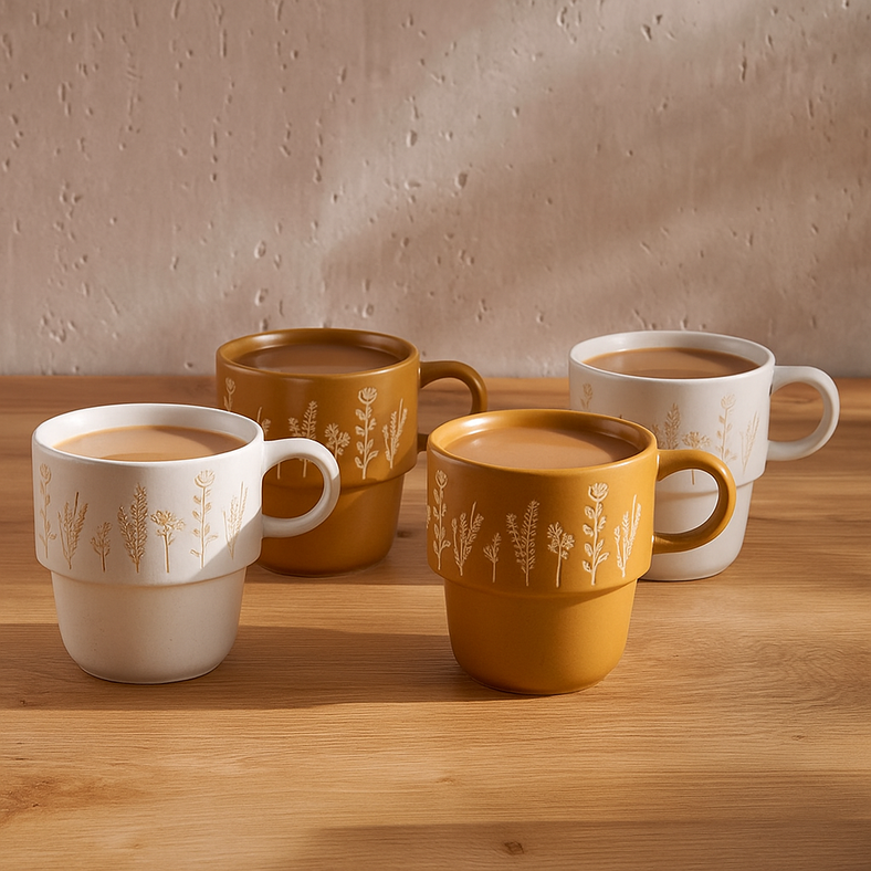 foliage 4-piece mug set 400ml -yellow ochre & white