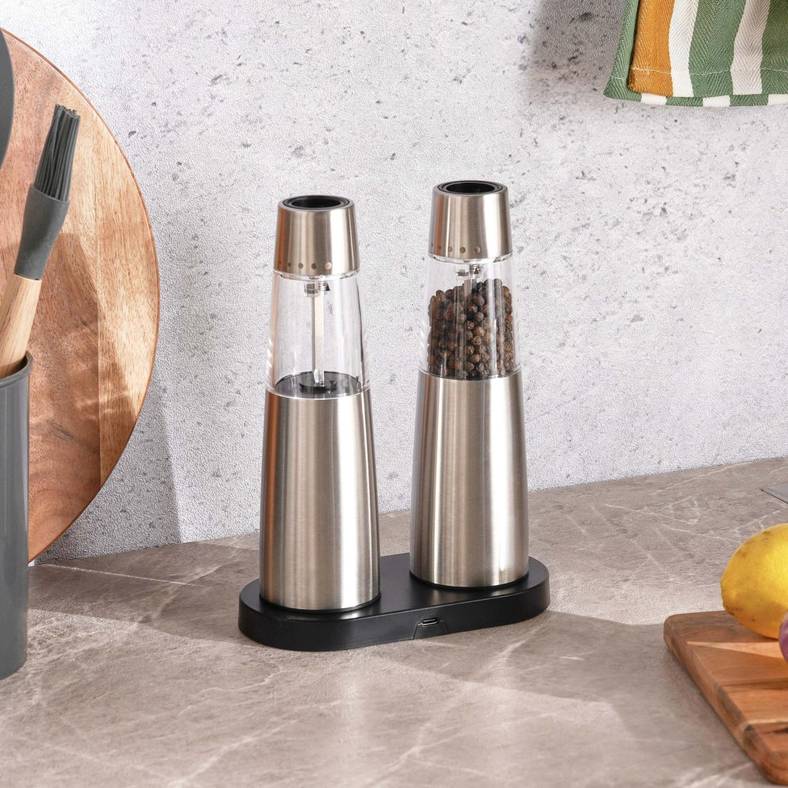 Tova base rechargeable gravity salt/pepper mill set 16x8x21cm -chrome & black
