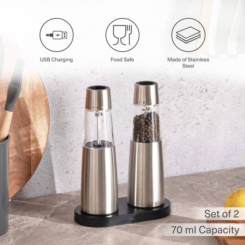 Tova base rechargeable gravity salt/pepper mill set 16x8x21cm -chrome & black
