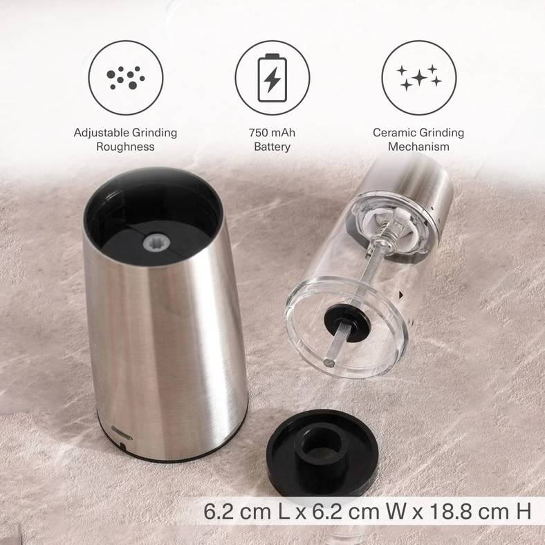 Tova base rechargeable gravity salt/pepper mill set 16x8x21cm -chrome & black