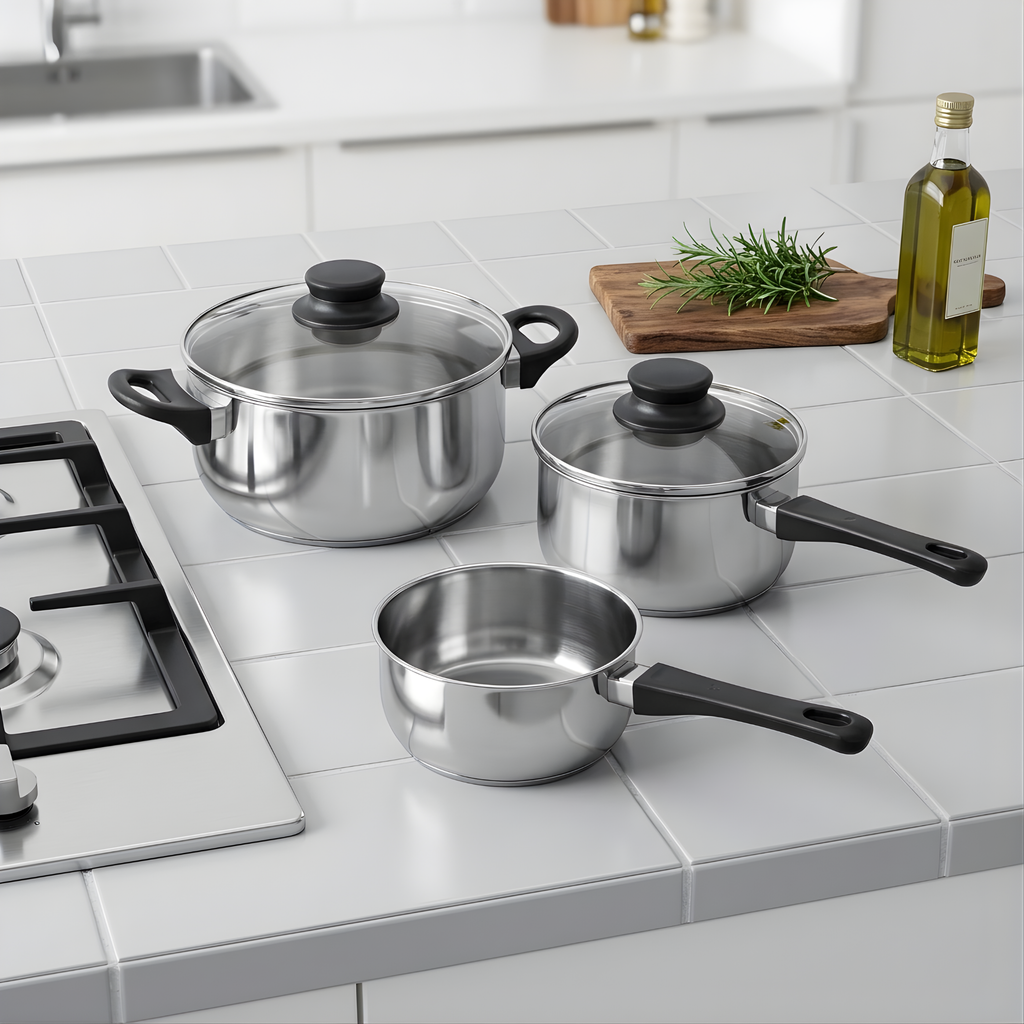 ANNONS. 

5-piece cookware set, glass, stainless steel