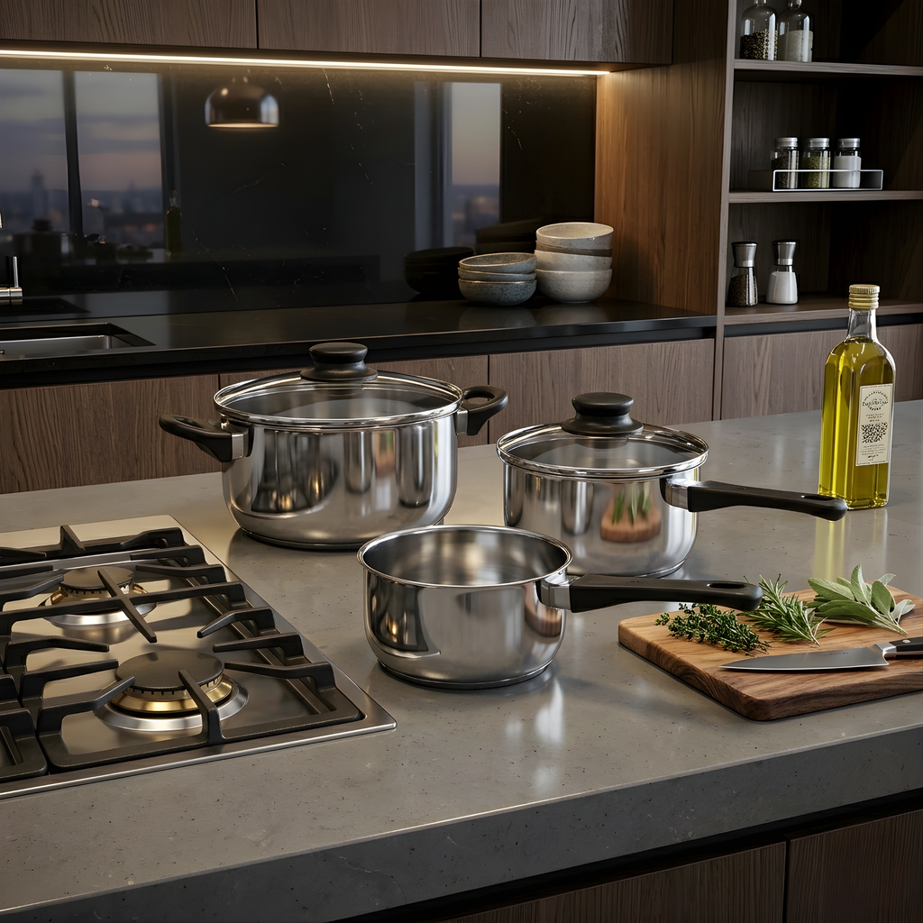ANNONS. 

5-piece cookware set, glass, stainless steel