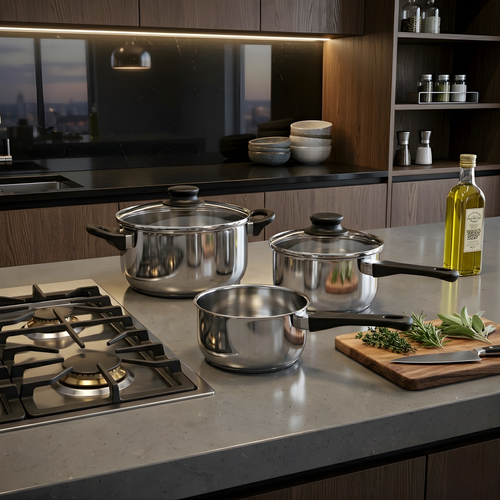 ANNONS. 

5-piece cookware set, glass, stainless steel