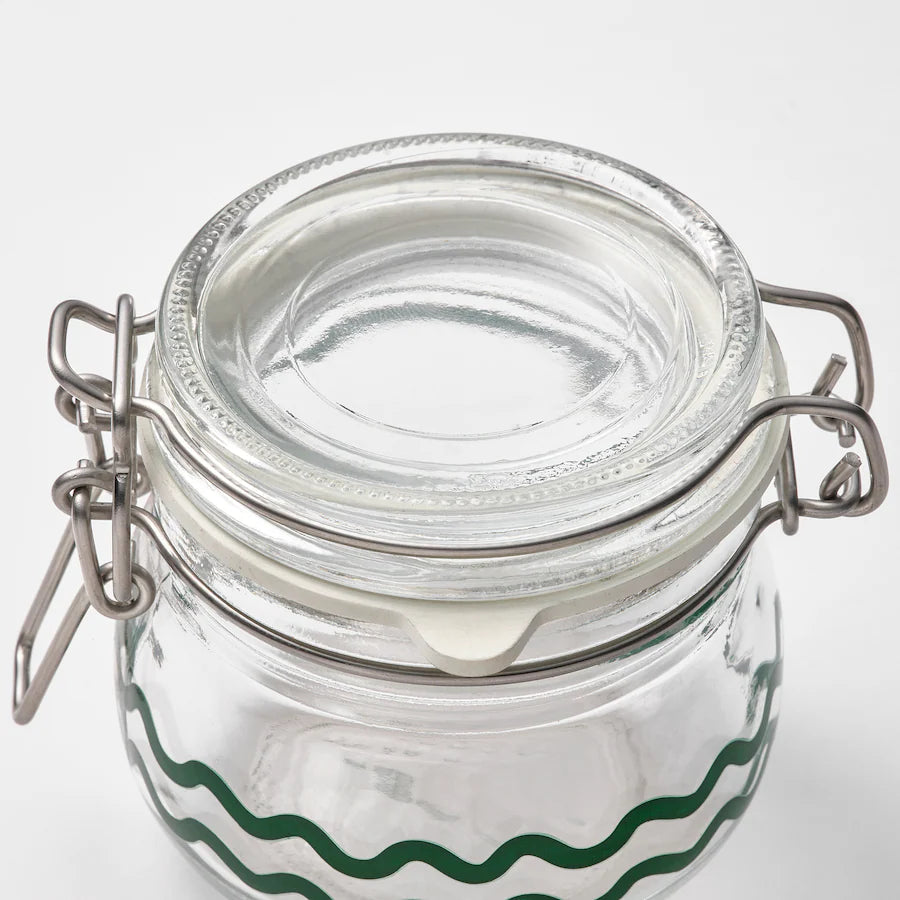 KORKEN Jar with lid, clear glass/patterned green, 13 cl