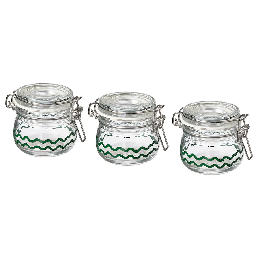 KORKEN Jar with lid, clear glass/patterned green, 13 cl