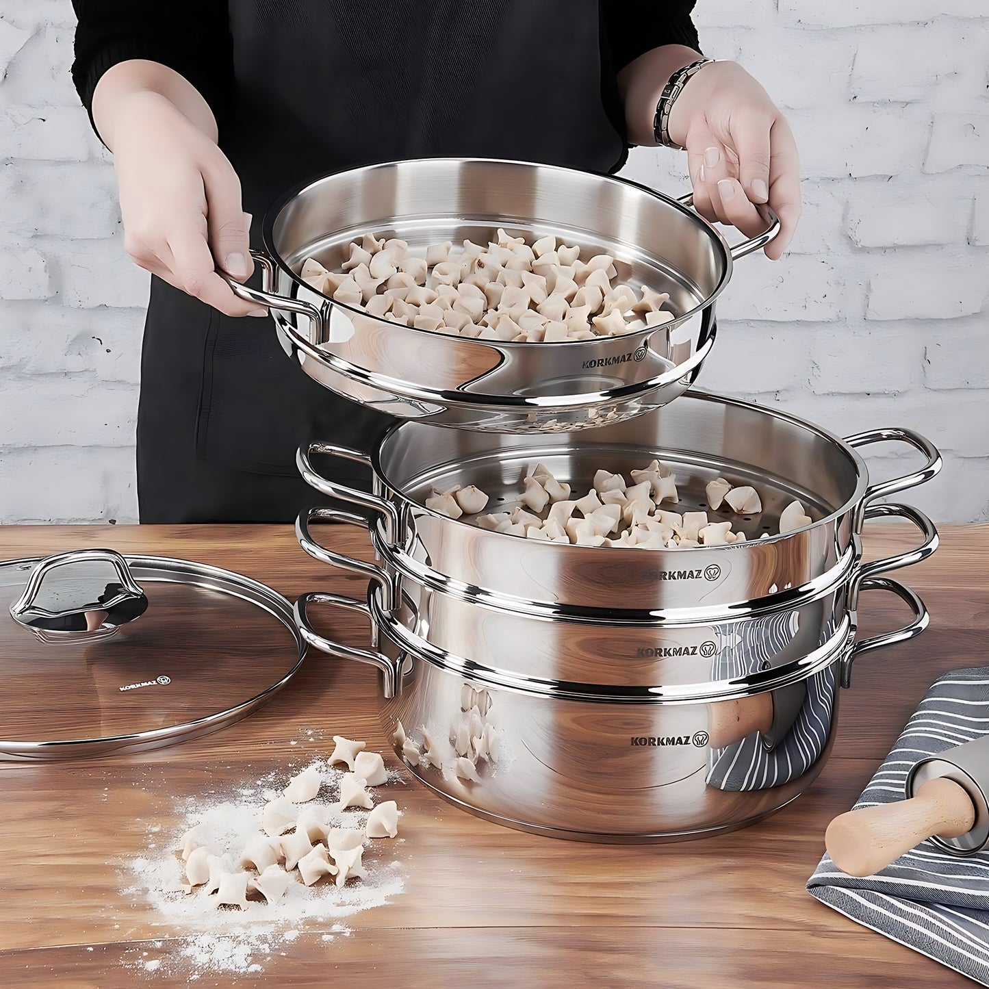 Perla Stainless Steel Steamer Cooking Pot with Boiler Stack Inserts