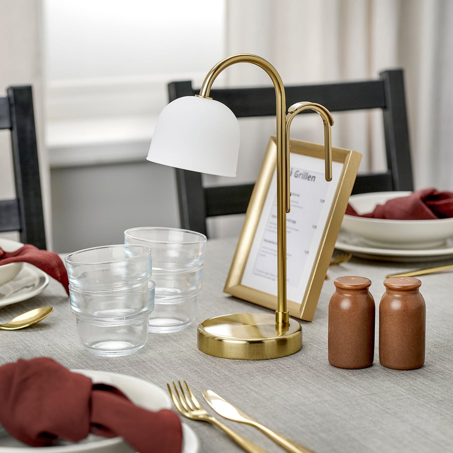 TVÅMASTAD
LED portable lamp, battery-operated brass/opal white glass