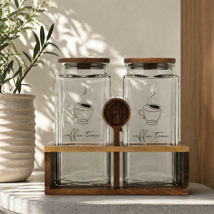 Trellis 2-piece Glass Canister With Acacia Wooden Stand & Spoon