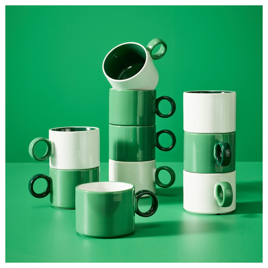 PIGGÅL
Mug, white/green, 30 cl set 2