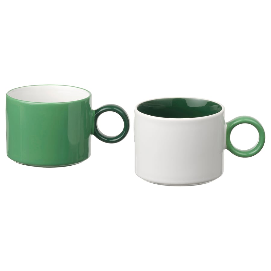 PIGGÅL
Mug, white/green, 30 cl set 2