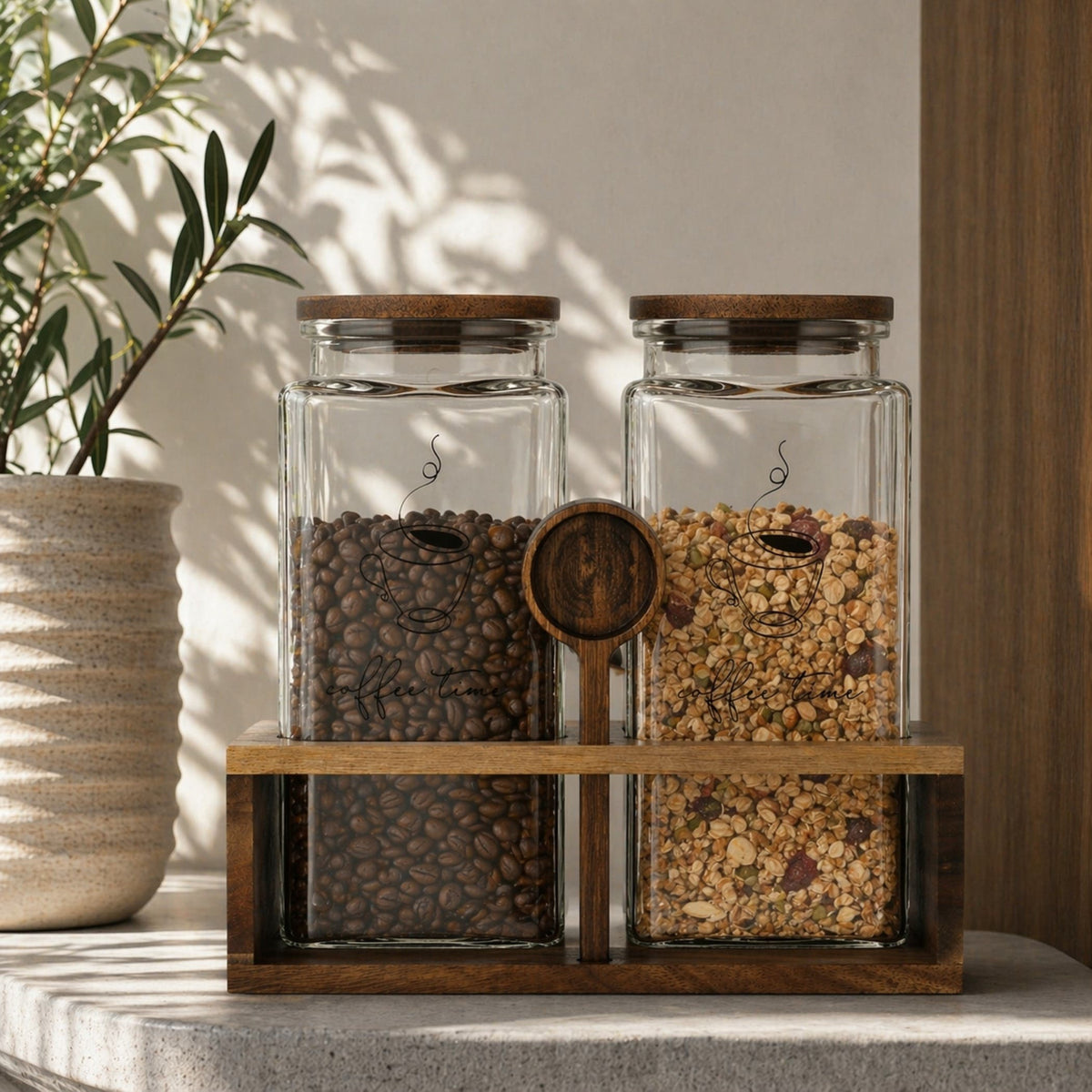 Trellis 2-piece Glass Canister With Acacia Wooden Stand & Spoon