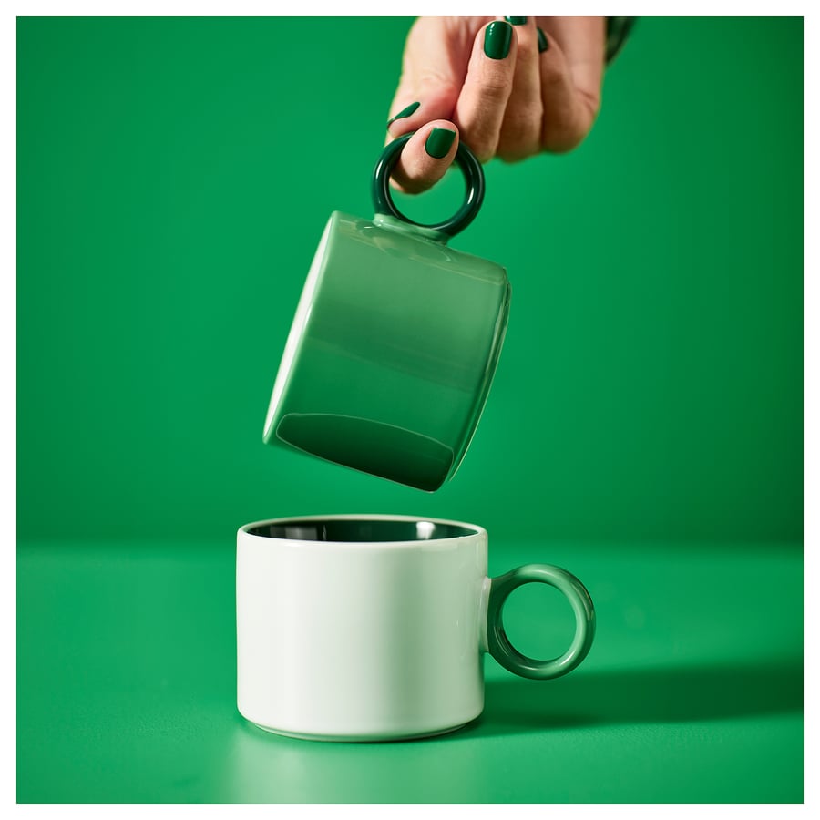 PIGGÅL
Mug, white/green, 30 cl set 2