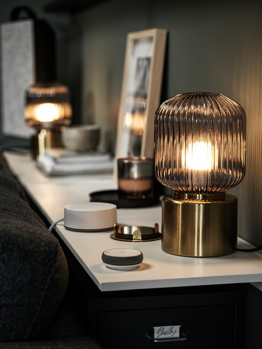 SOLKLINT
Table lamp, brass/grey clear glass