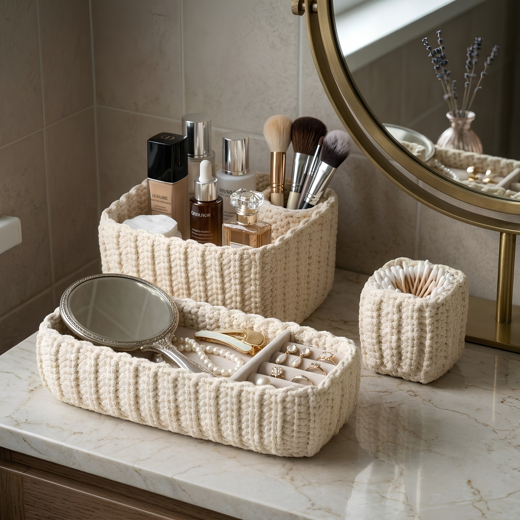 Crochet Storage Baskets, Set of 3, Off-White or Gray