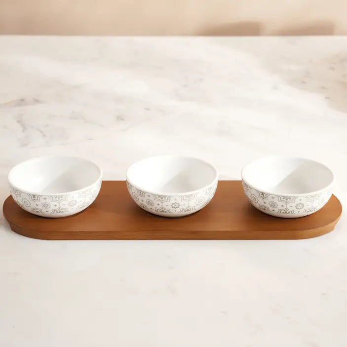 Izzet 3-piece Chip & Dip Set With Bamboo Tray 140ml -white