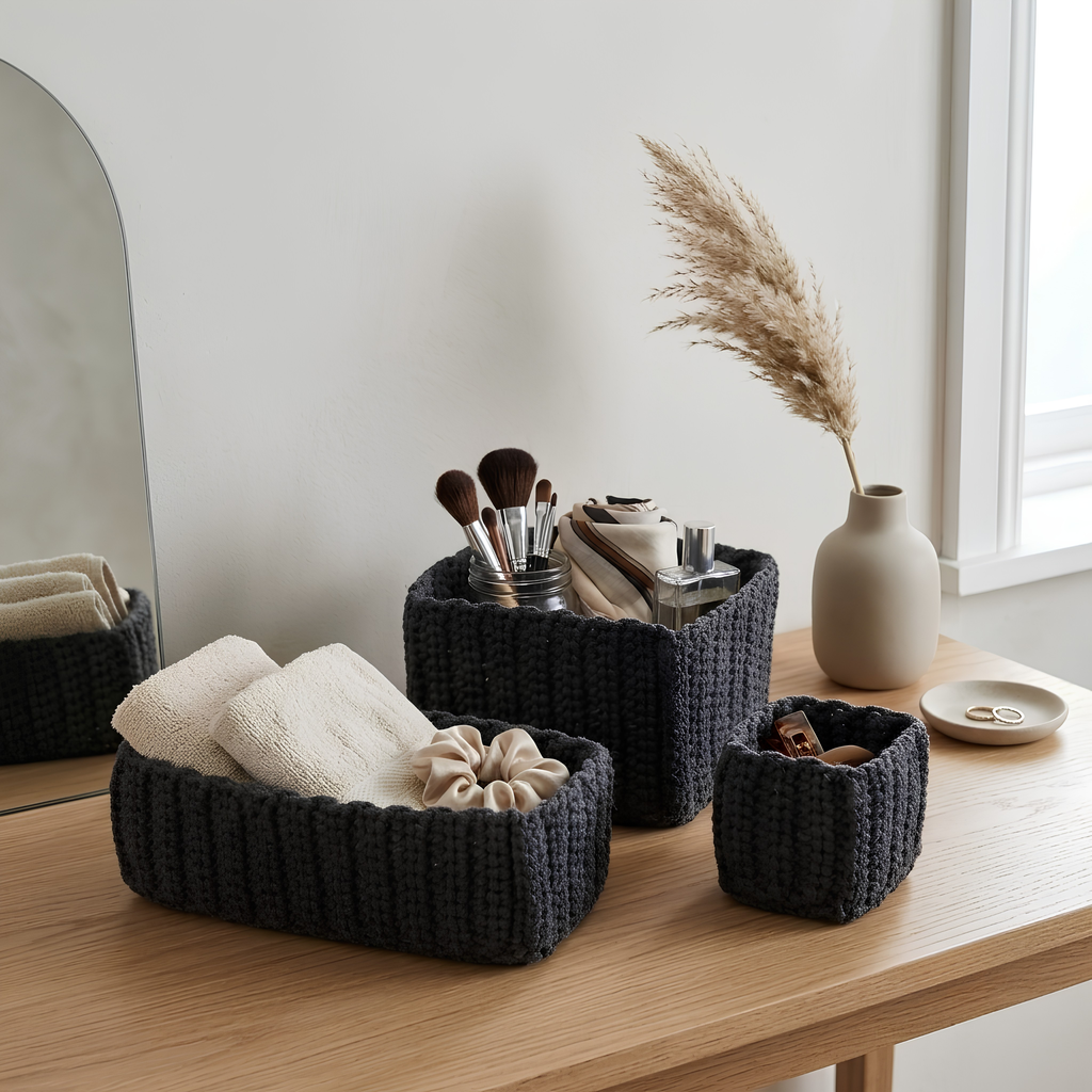 Crochet Storage Baskets, Set of 3, Off-White or Gray
