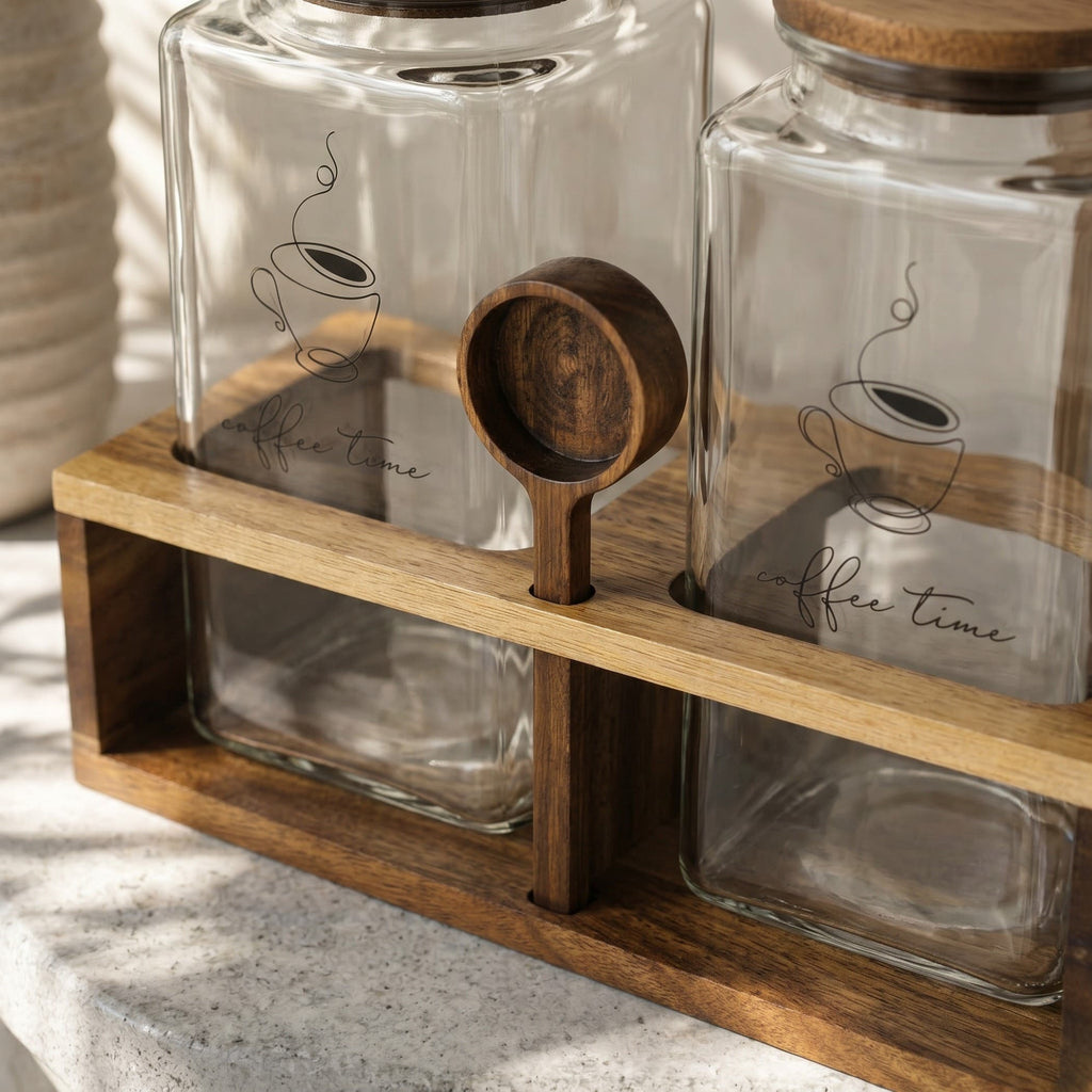 Trellis 2-piece Glass Canister With Acacia Wooden Stand & Spoon