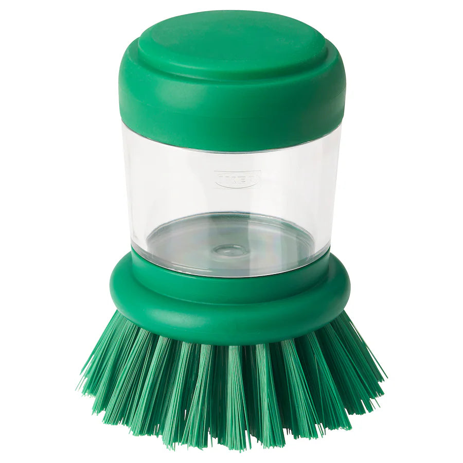 VIDEVECKMAL dish washing brush 

Dish-washing brush with dispenser, bright green/orange