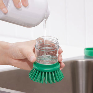 VIDEVECKMAL dish washing brush Dish-washing brush with dispenser, bright green/orange