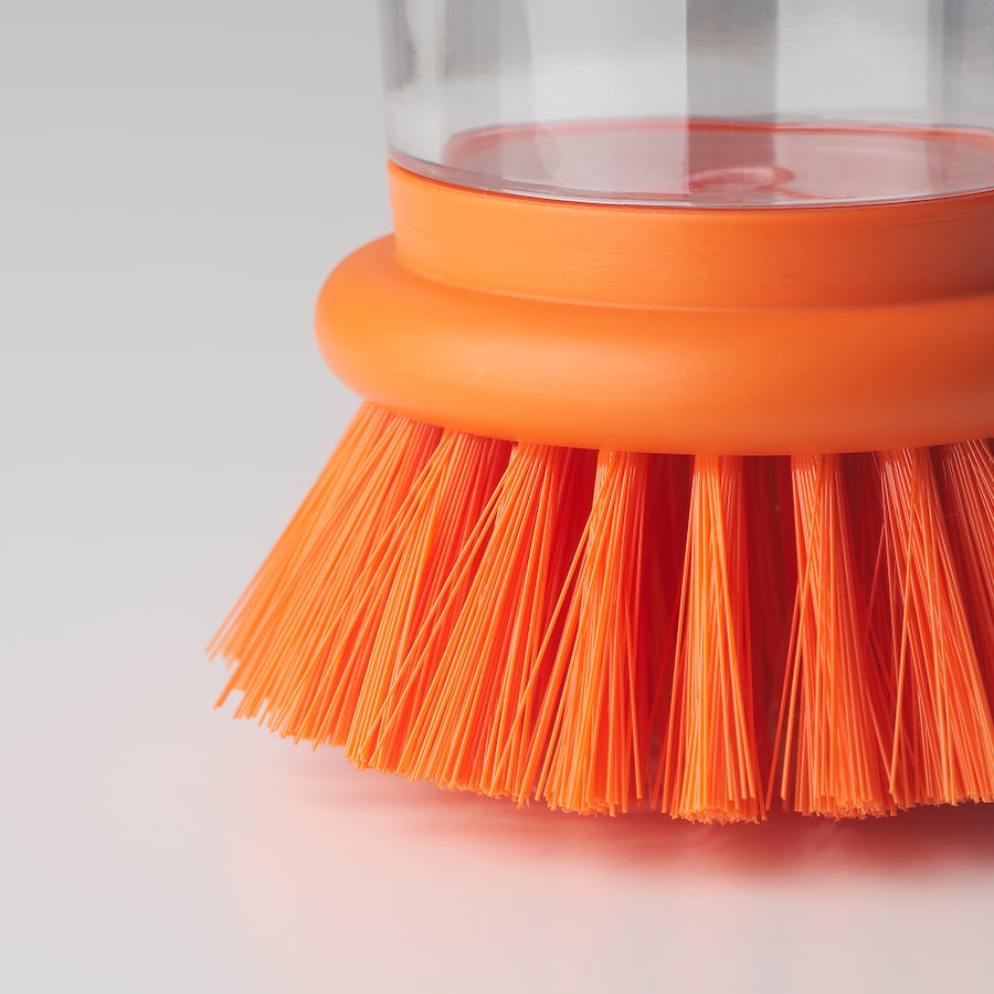 VIDEVECKMAL dish washing brush 

Dish-washing brush with dispenser, bright green/orange