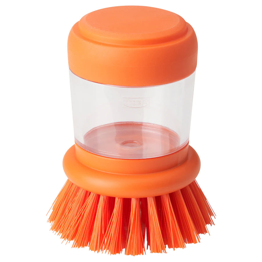 VIDEVECKMAL dish washing brush 

Dish-washing brush with dispenser, bright green/orange