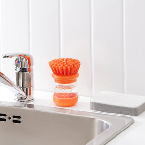 VIDEVECKMAL dish washing brush Dish-washing brush with dispenser, bright green/orange