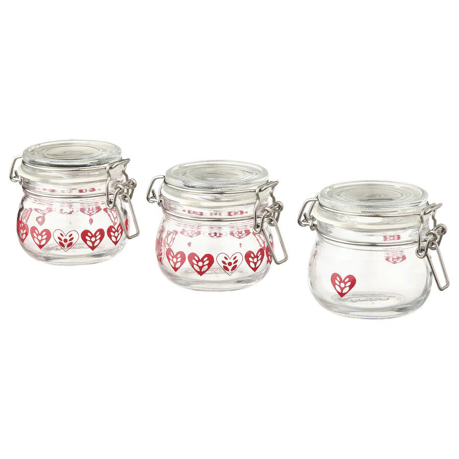 VINTERFINT Jar with lid, heart pattern clear glass/red