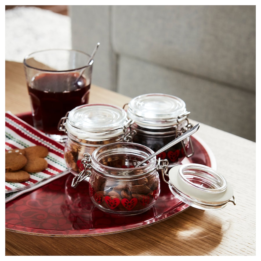 VINTERFINT Jar with lid, heart pattern clear glass/red