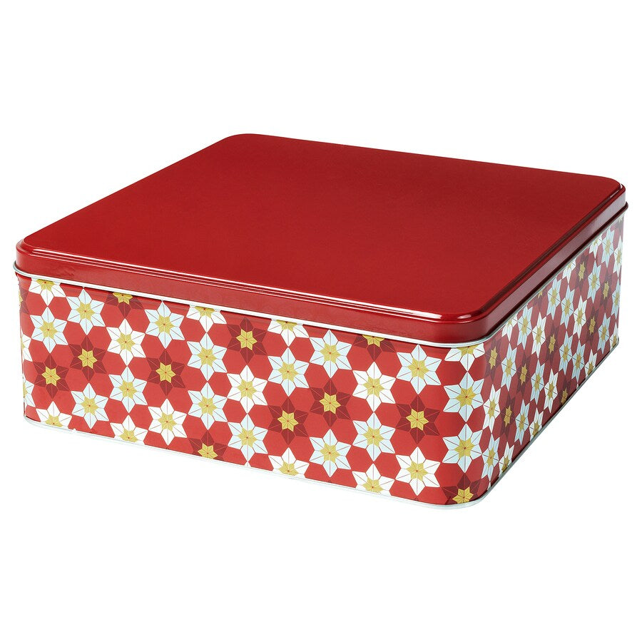 TIN WITH LID, FLORAL PATTERN RED