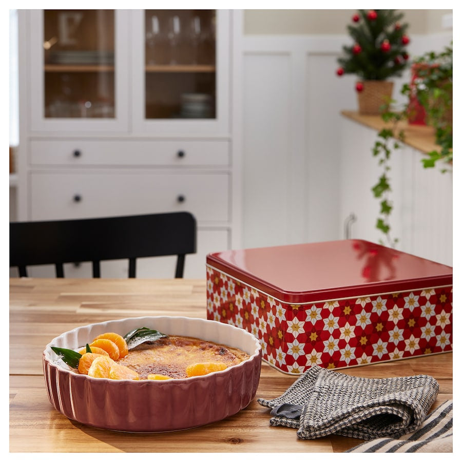 TIN WITH LID, FLORAL PATTERN RED