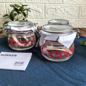 KORKEN Jar with lid, patterned/bright red, 13 cl