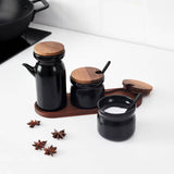 HULDHET Spice jar with tray, set of 3, ceramic/black