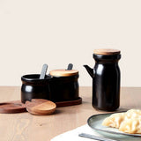 HULDHET Spice jar with tray, set of 3, ceramic/black