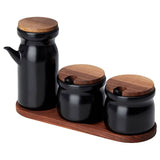 HULDHET Spice jar with tray, set of 3, ceramic/black