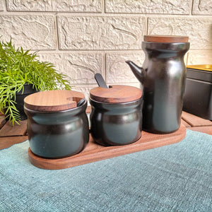 HULDHET Spice jar with tray, set of 3, ceramic/black