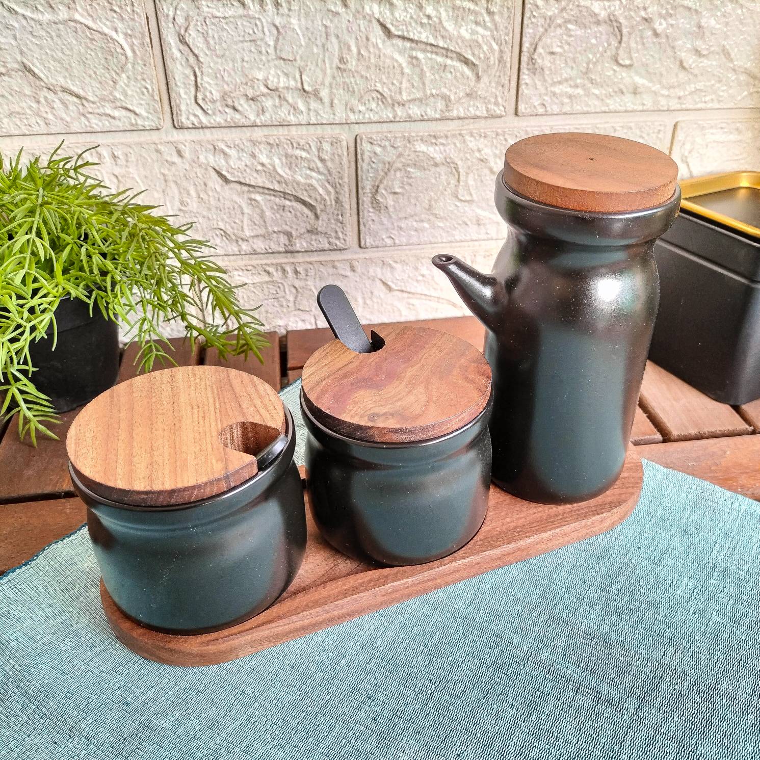 HULDHET Spice jar with tray, set of 3, ceramic/black