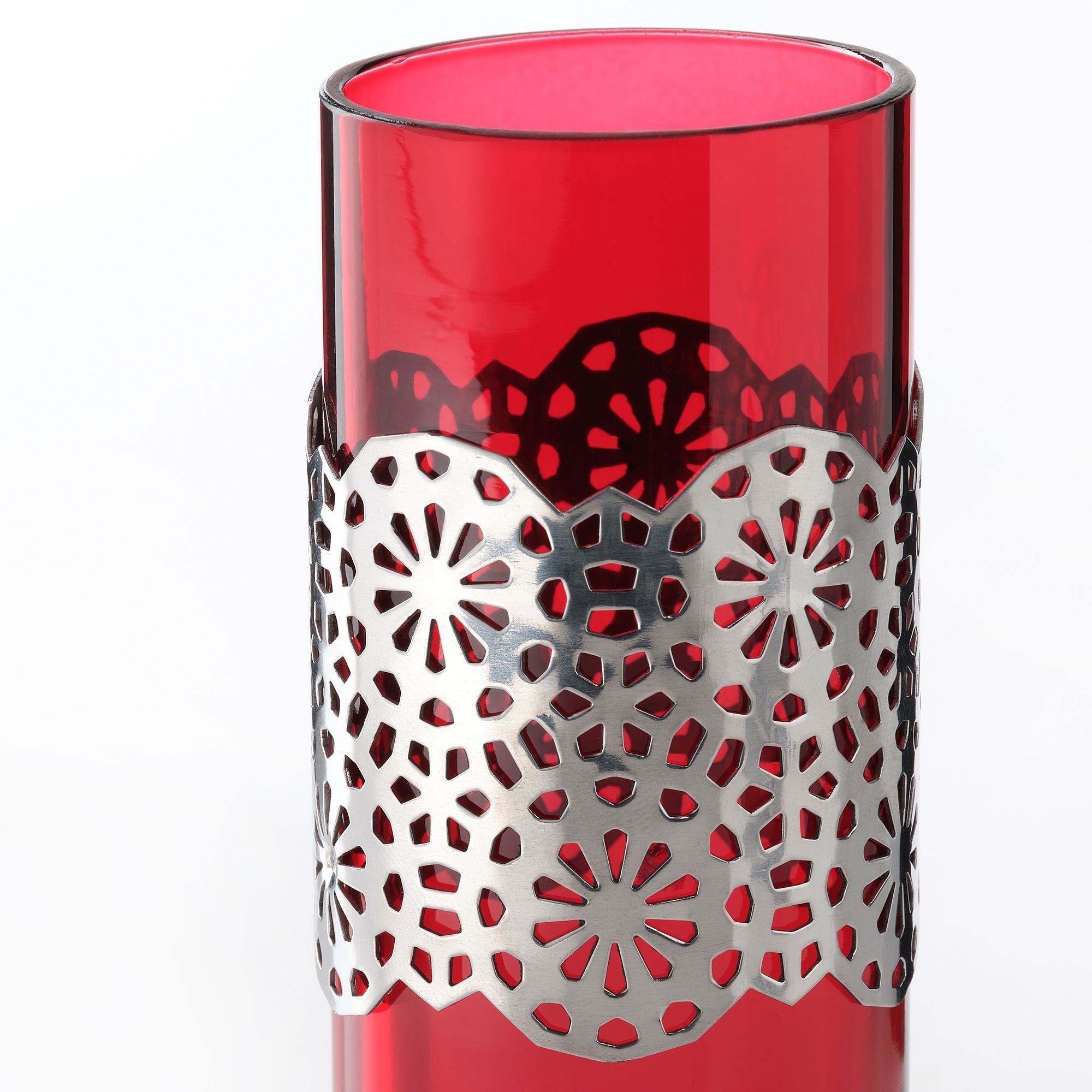 HEMBJUDEN glass vase, red-silver-colour