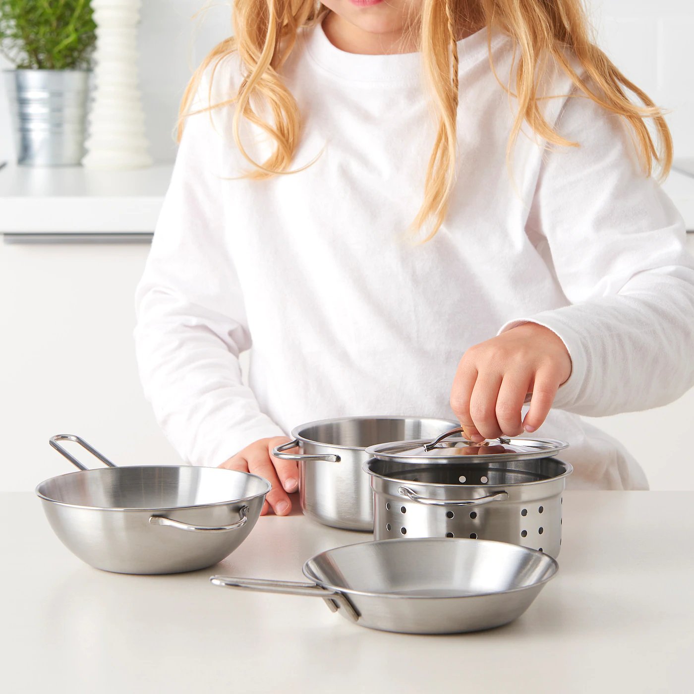 DUKTIG. 5-piece toy cookware set, stainless steel colour