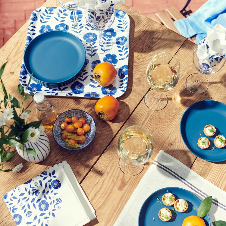 ROSENHÄTTA Tray, flower patterned/blue
