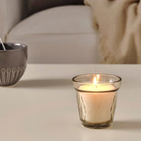 VÄLDOFT Scented candle in glass, Rhubarb elderflower/ beige8 cm