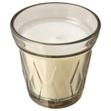 VÄLDOFT Scented candle in glass, Rhubarb elderflower/ beige8 cm